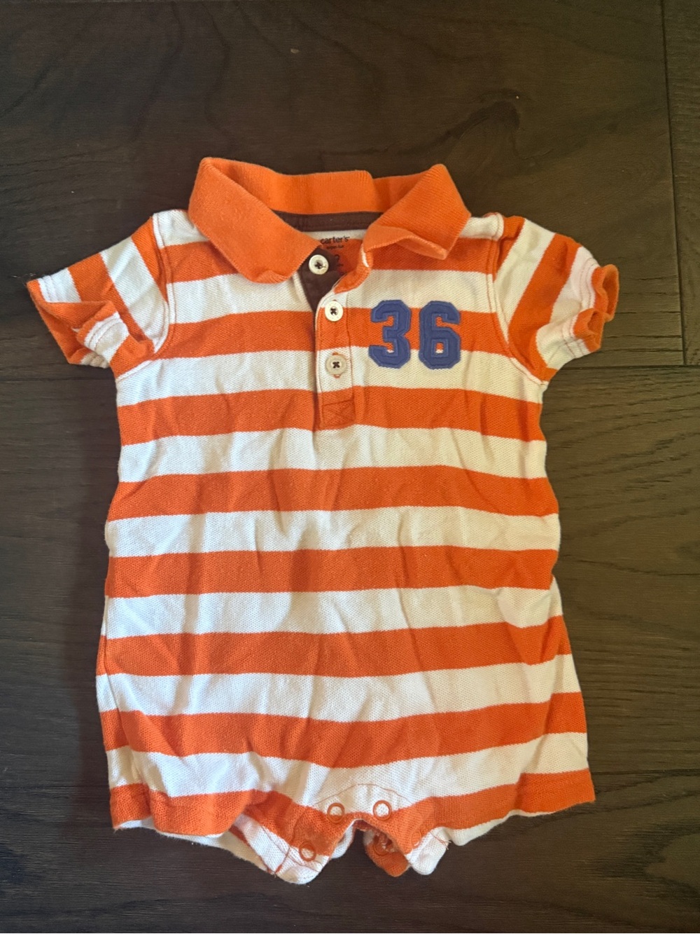 Orange & White Striped Polo Romper with '36' Patch